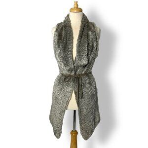 Beate Heymann Women Long Vest Faux Fur / Knit Belted, Lapels Sz S Mushroom Taupe